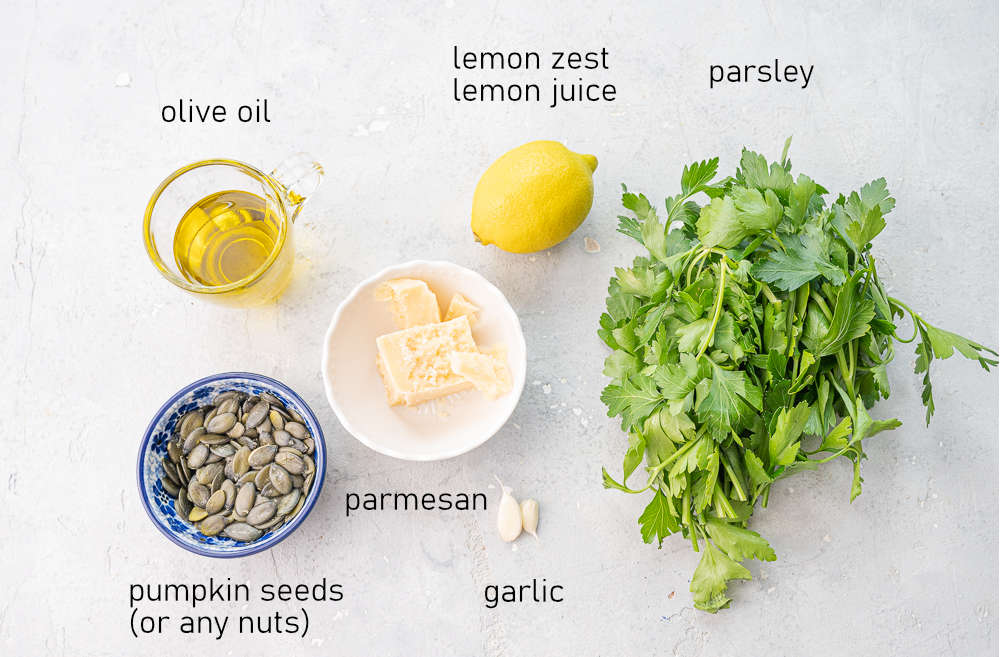 Labeled ingredients for parsley pesto.