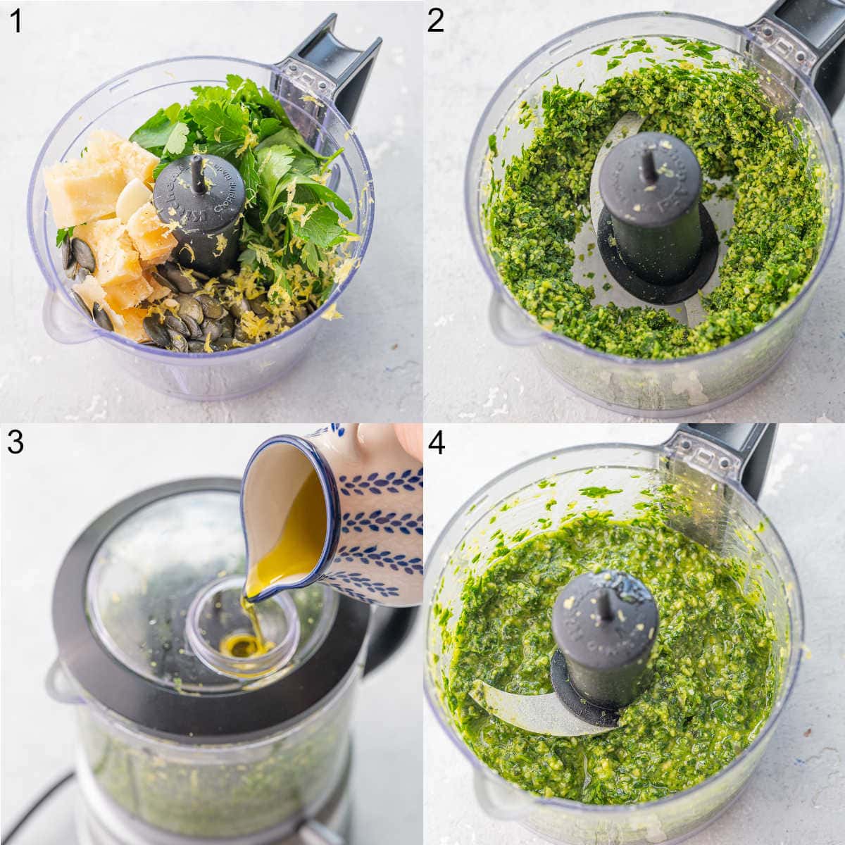 A collage of 4 photos showing how to prepare parsley pesto step by step.