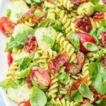 Pesto pasta salad pinnable image.