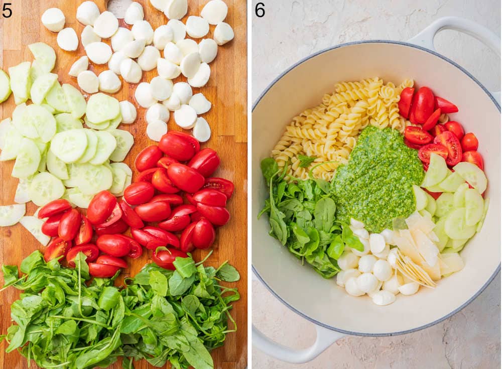 Chopped vegetables and mozzarella on a chopping board. All the ingredients for the pesto pasta salad in a white pot.