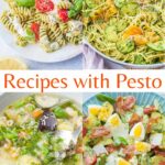 A collage of 4 photos showing dishes with pesto.