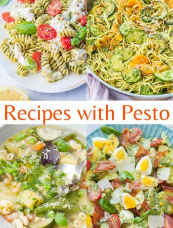 A collage of 4 photos showing dishes with pesto.