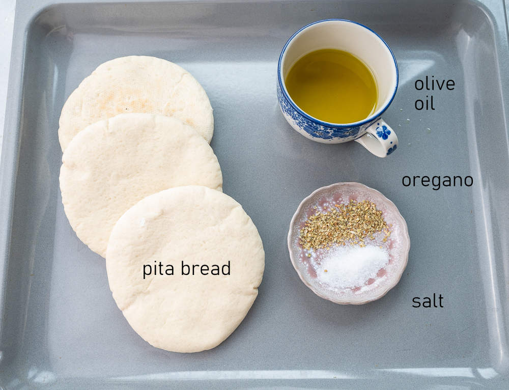 Labeled ingredients for homemade pita chips.