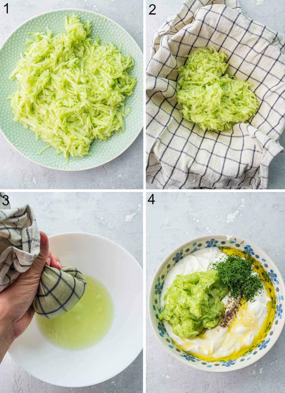 A collage of 4 photos showing how to make tzatziki dip step by step.