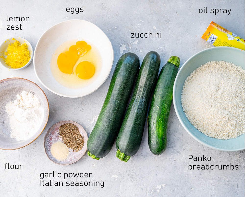 Labeled ingredients for zucchini fries.