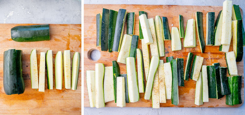 A collage of 2 photos showing how to cut zucchini into fries.