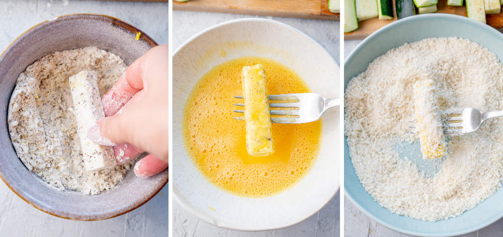 A collage of 3 photos showing how to bread zucchini fries.
