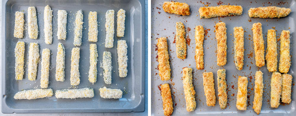 Zucchini fries ready to be baked. Baked zucchini fries.