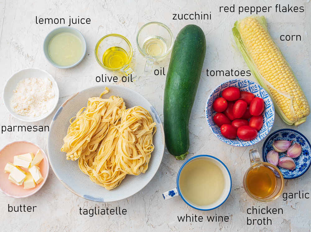 Labeled ingredients for zucchini pasta.