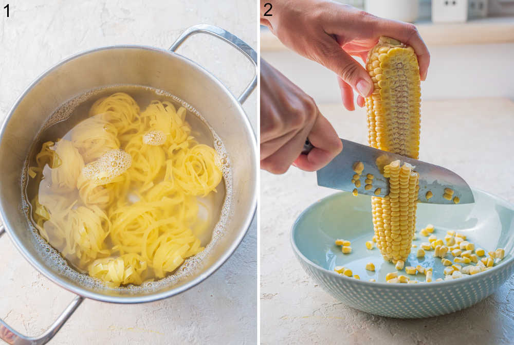 Tagliatelle pasta in a pot. Corn kernels are being cut off a cob.