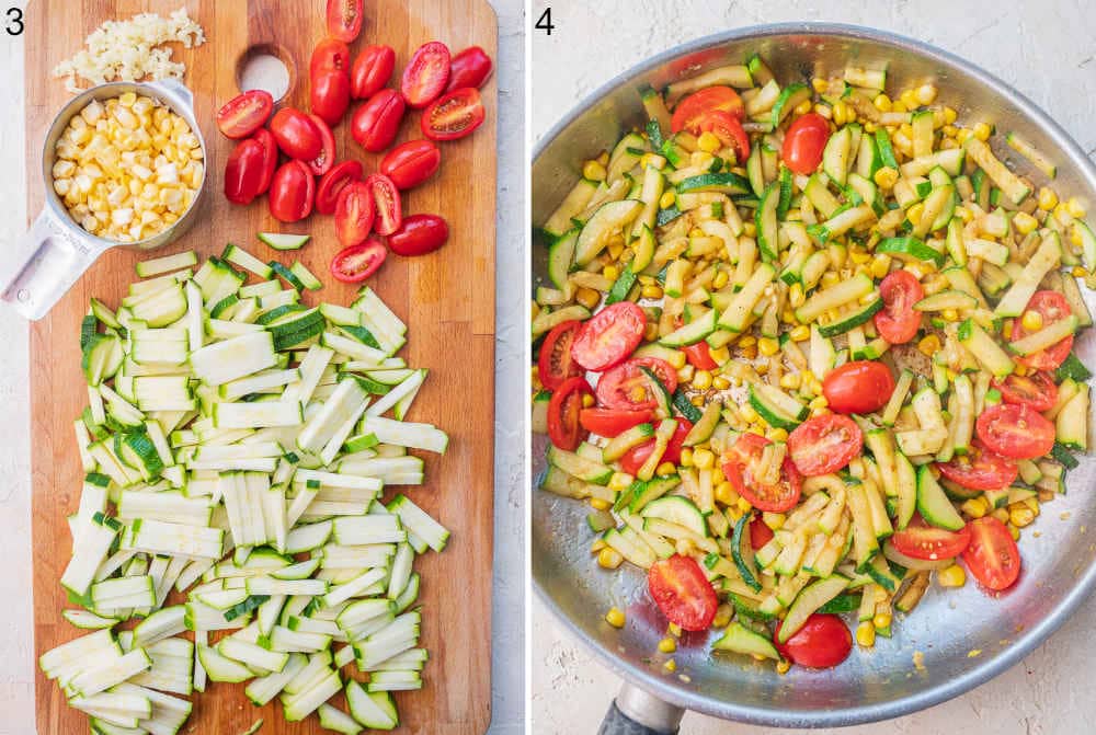 Chopped vegetables on a wooden board. Sauteed vegetables in a pan.