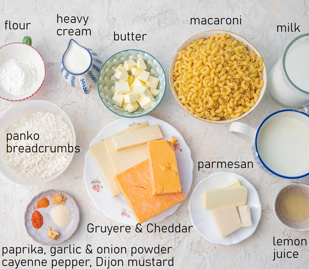 Labeled ingredients for Gruyere mac and cheese.