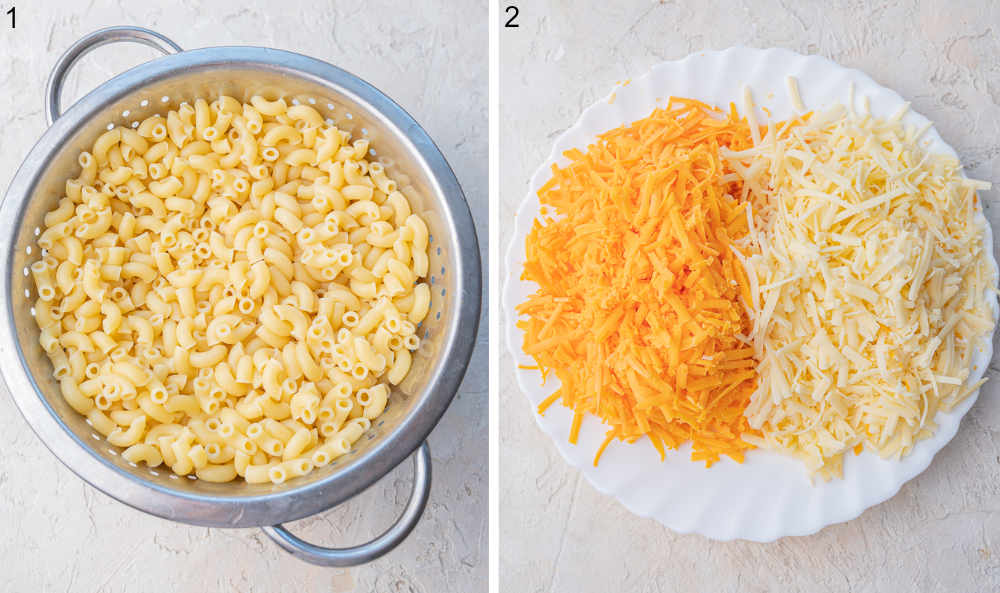 Cooked pasta on a sieve. Grated cheese on a plate.