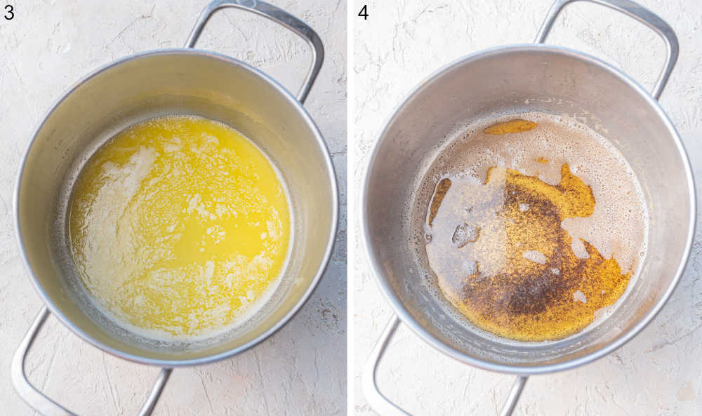 Melted butter and brown butter in a pot.