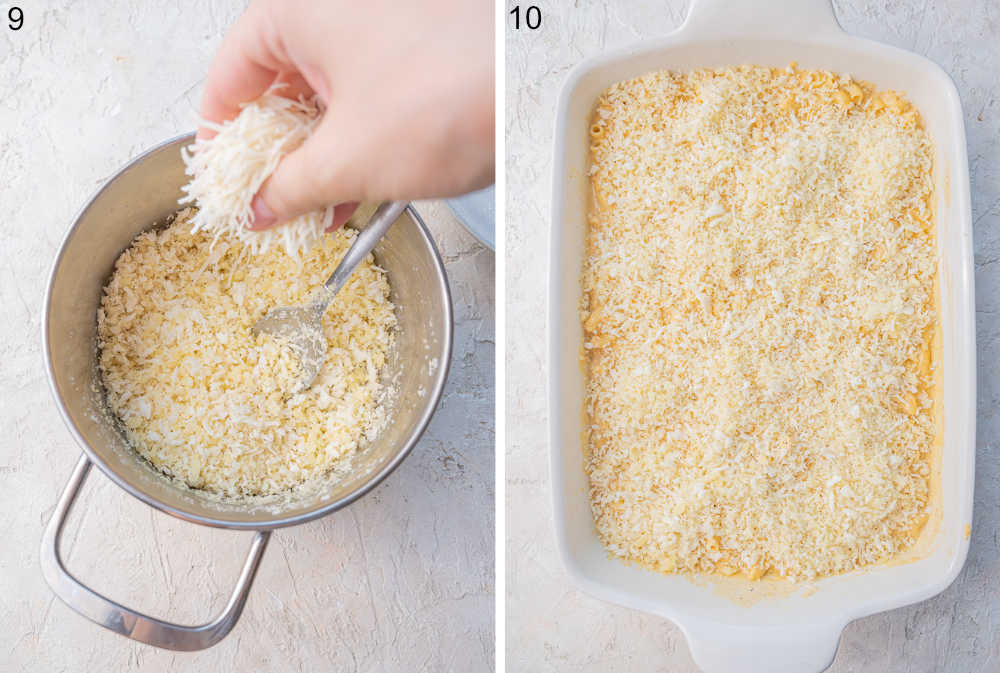 Cheese is being added to breadcrumb topping. Mac and cheese in a baking dish ready to be baked.