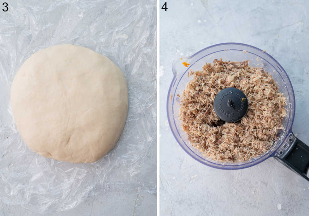 Pierogi dough on a plastic foil. Shredded meat in a food processor.