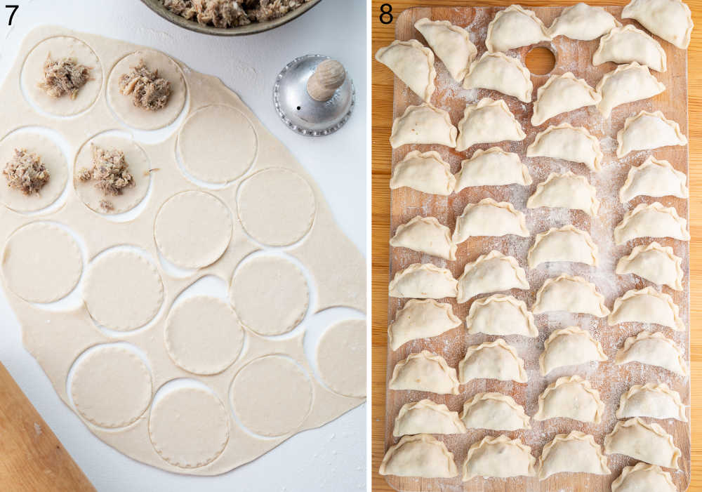 Rolled out dough with cut out rounds with filling on top. Pierogi ready to be cooked on a wooden board.