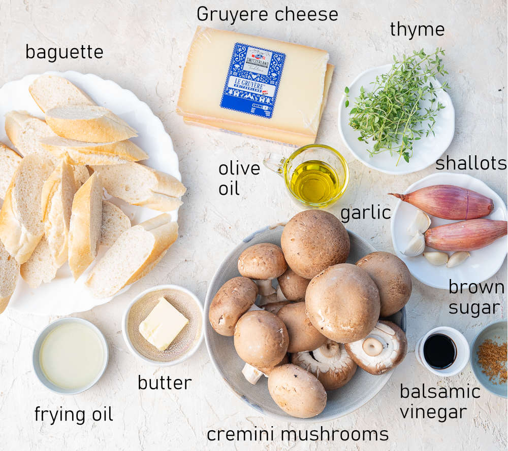 Labeled ingredients for mushroom bruschetta.