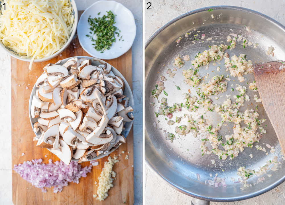 Chopped ingredients for mushroom bruschetta on a wooden board. Sauteed onion and spices in a pan.