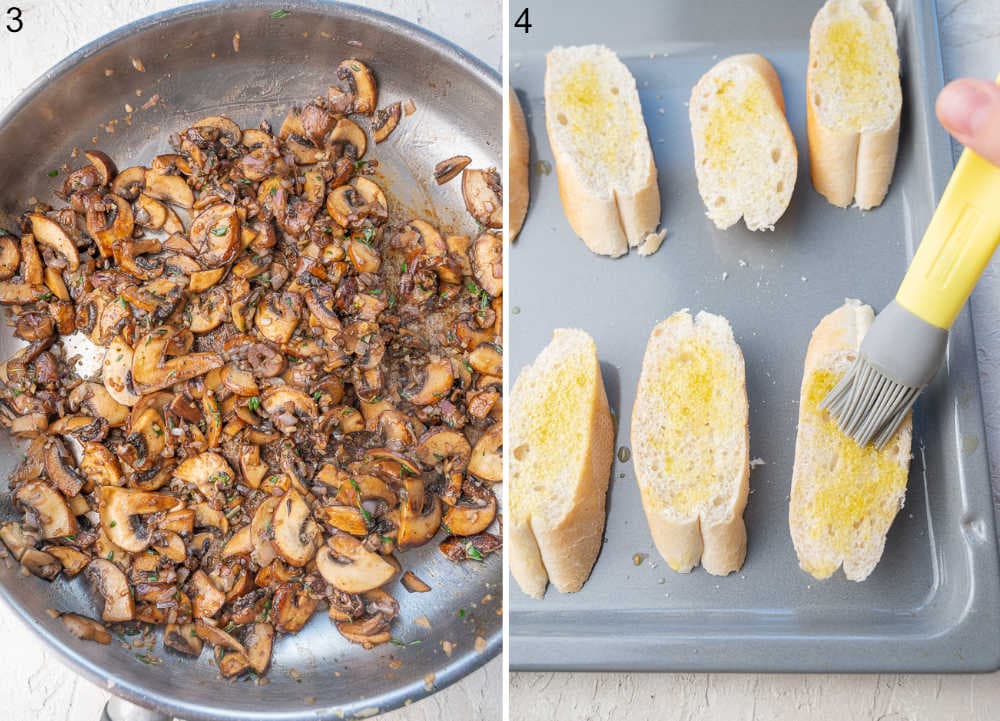Sauteed balsamic mushrooms in a pan. Baguette slices are being brushed with olive oil.