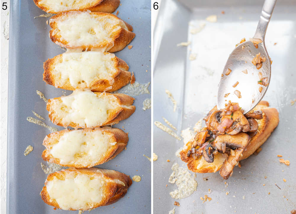 Baked baguette slices with cheese on a baking sheet. Mushroom topping is being scooped on a cheesy baguette slice.
