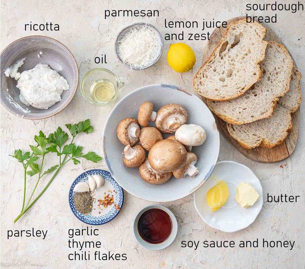 Labeled ingredients for mushroom toast.