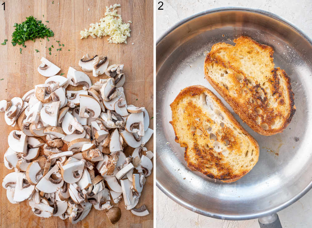 Chopped mushrooms on a wooden board. Pan-fried sourdough bread slices.