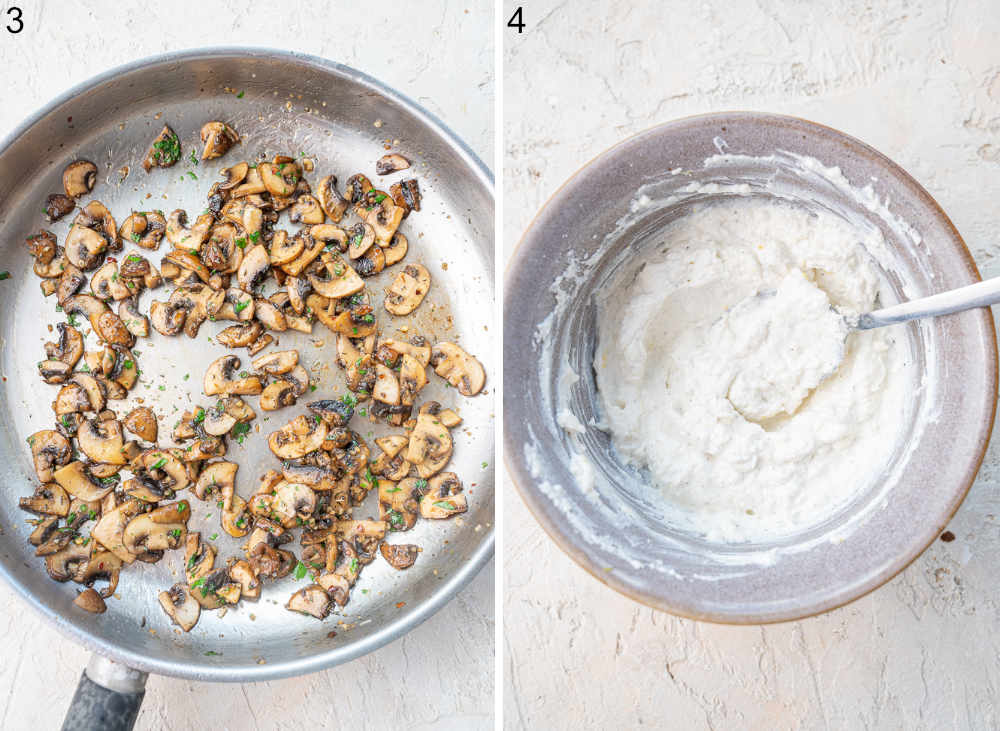 Sauteed mushrooms in a pan. Ricotta spread in a bowl.