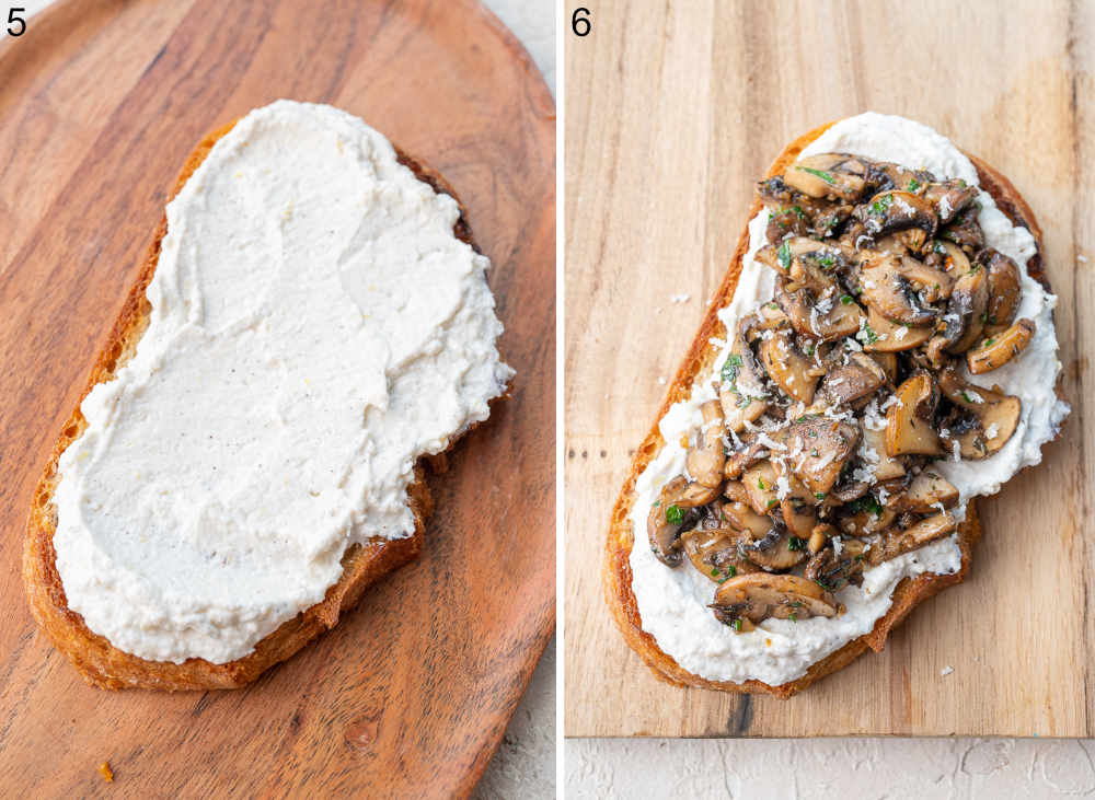 Sourdough toast with ricotta spread and sauteed mushrooms.