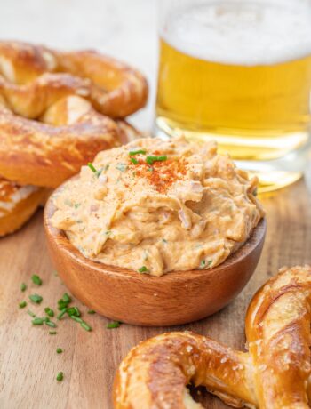 Obatzda dip in a brown bowl.