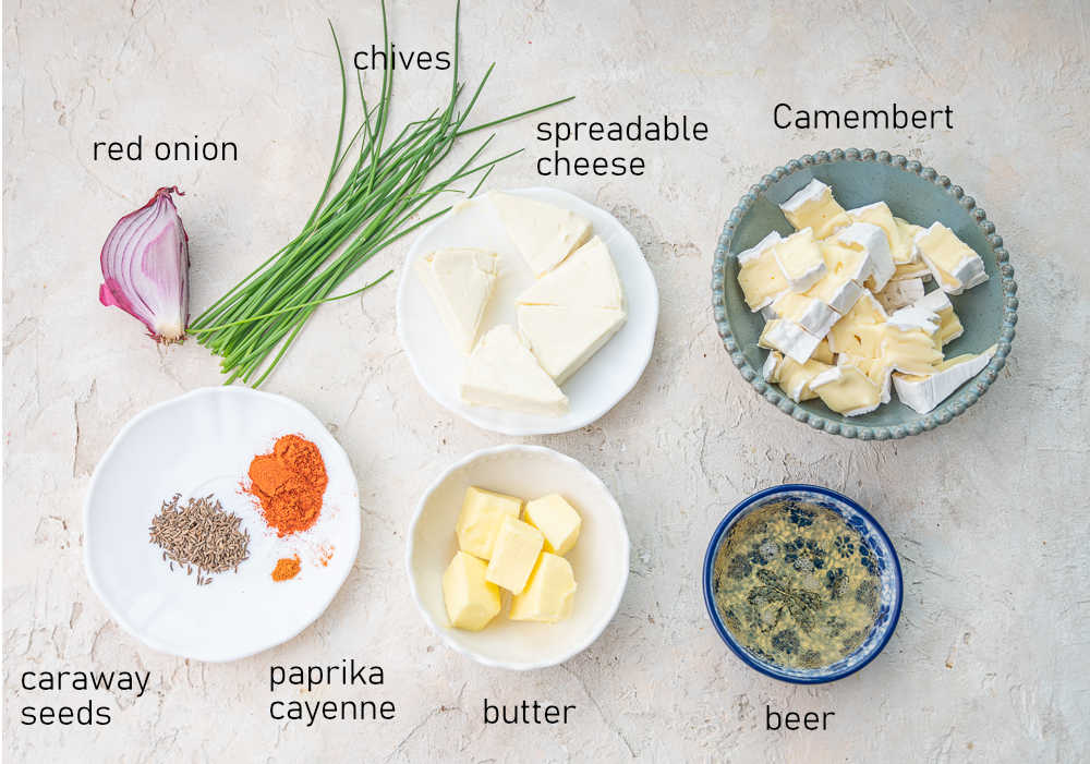 Labeled ingredients for Obatzda cheese dip.