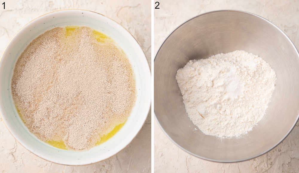 Yeast in a bowl. Flour in a metal bowl.