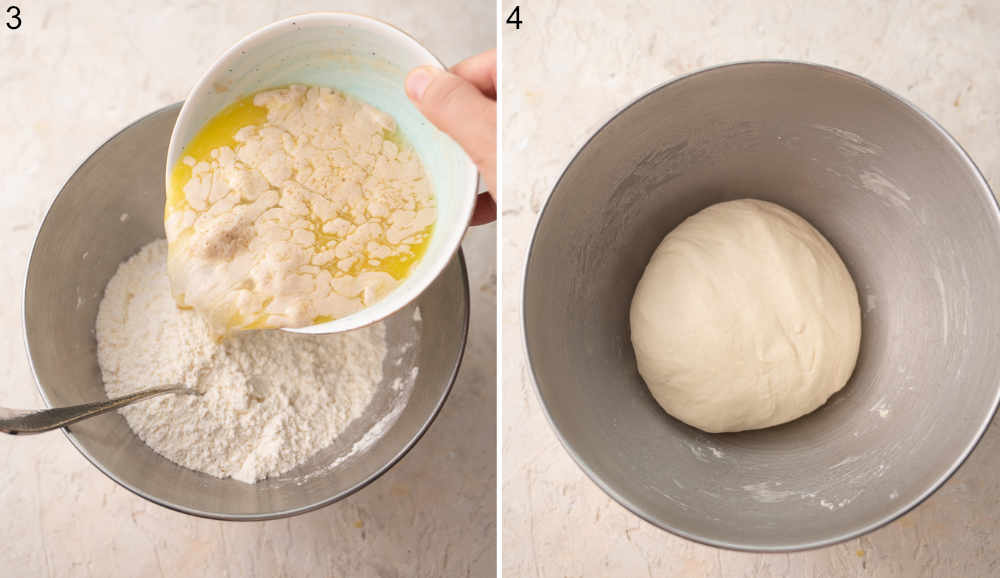 Yeast mixture is being added to flour mixture. Soft pretzel dough in a bowl.