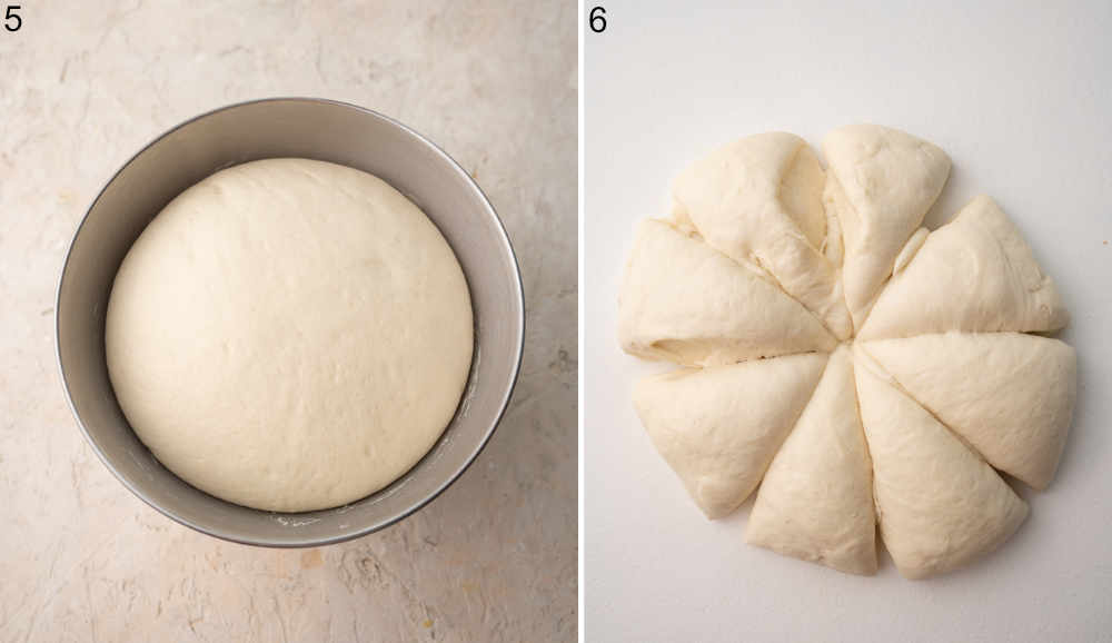 Risen pretzel dough in a bowl. Pretzel dough divided into 8 parts.