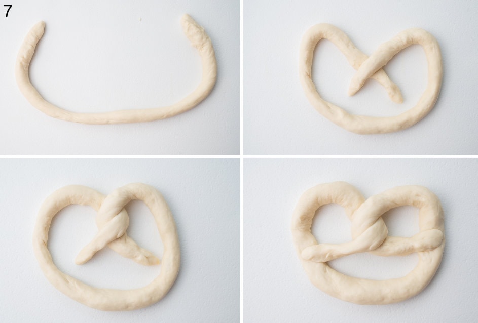 A collage of 4 photos showing how to shape pretzels.