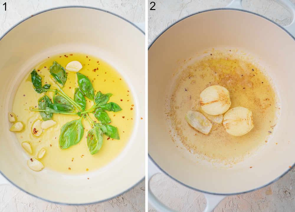 Olive oil with basil, garlic, and red pepper flakes in a pot. Onion with butter in a pot.