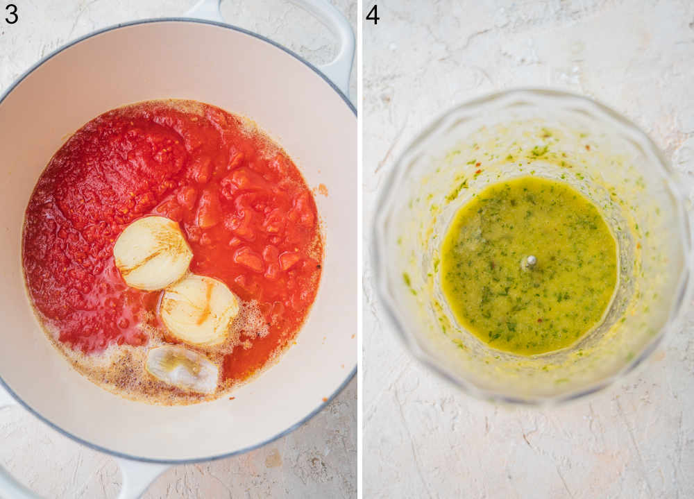 Crushed tomatoes with onion in a pot. Olive oil blended with garlic and basil in a food processor container.