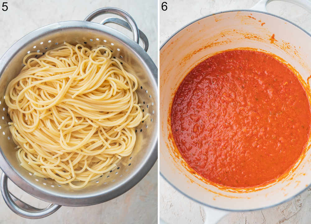 Cooked spaghetti in a sieve. Tomato sauce in a white pot.