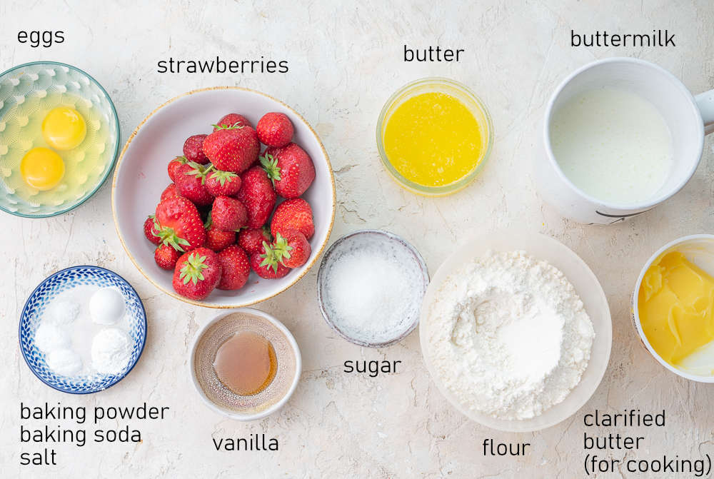 Labeled ingredients for strawberry pancakes.
