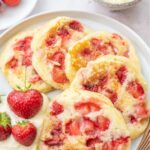 Strawberry pancakes pinnable image.