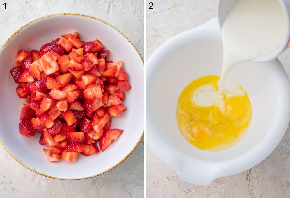 Chopped strawberries in a white bowl. Buttermilk is being added to eggs and butter in a bowl.