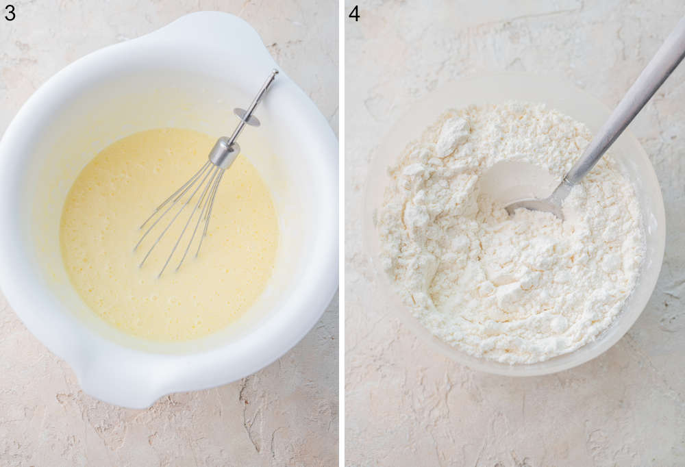 Wet ingredients for pancakes in a bowl. Dry ingredients for pancakes in a bowl.