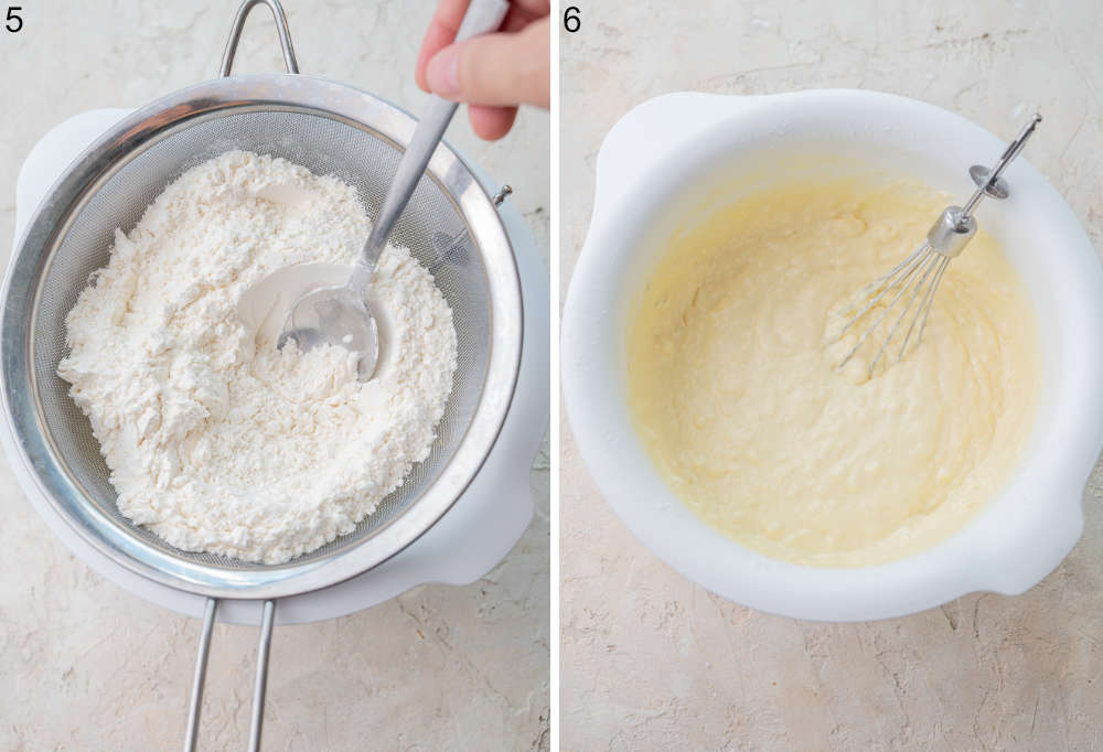 Dry ingredients for pancakes and being sift through a sieve. Pancake batter in a bowl.