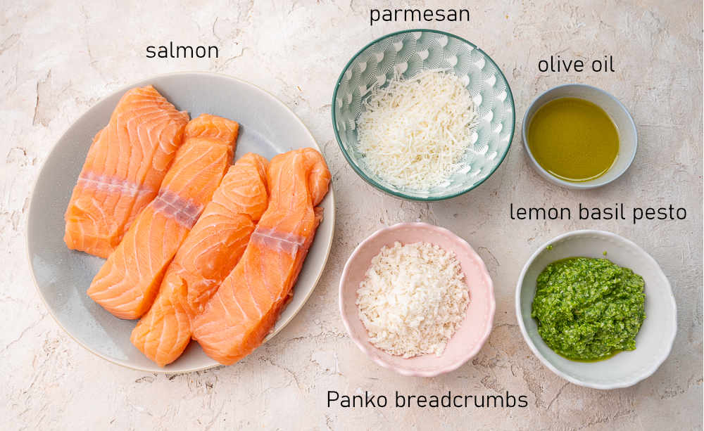 Labeled ingredients for baked pesto salmon.