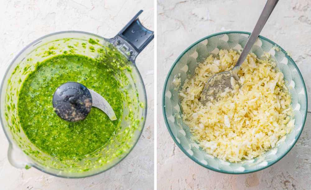 Lemon basil pesto in food processor. Breadcrumb parmesan topping in a bowl.