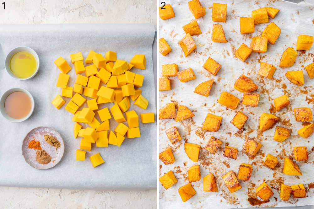 Diced butternut squash salad with spices on a baking sheet. Roasted butternut squash on a baking sheet.