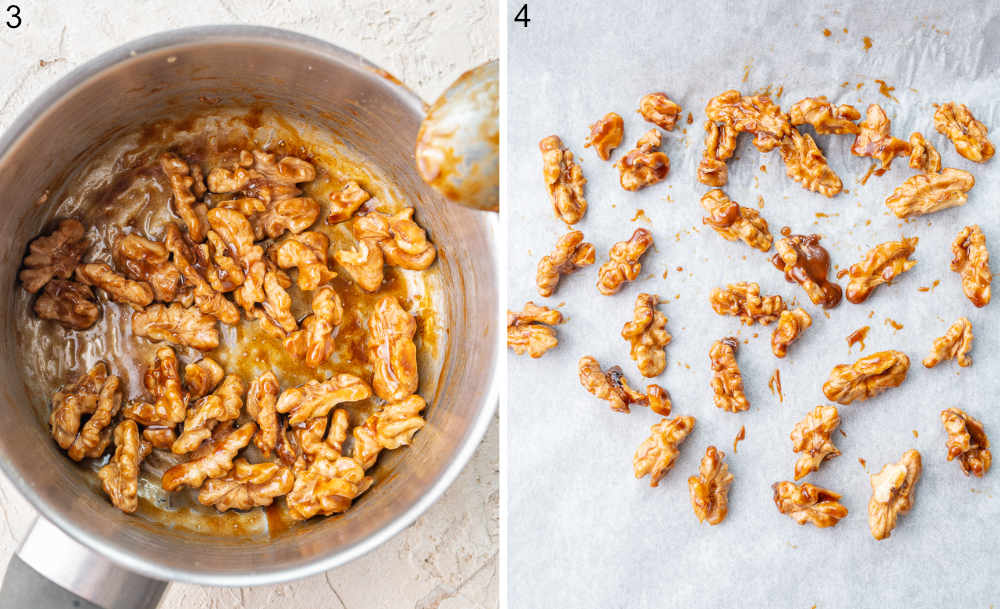 Honey candied walnuts in a pot and on a baking sheet lined with parchment paper.