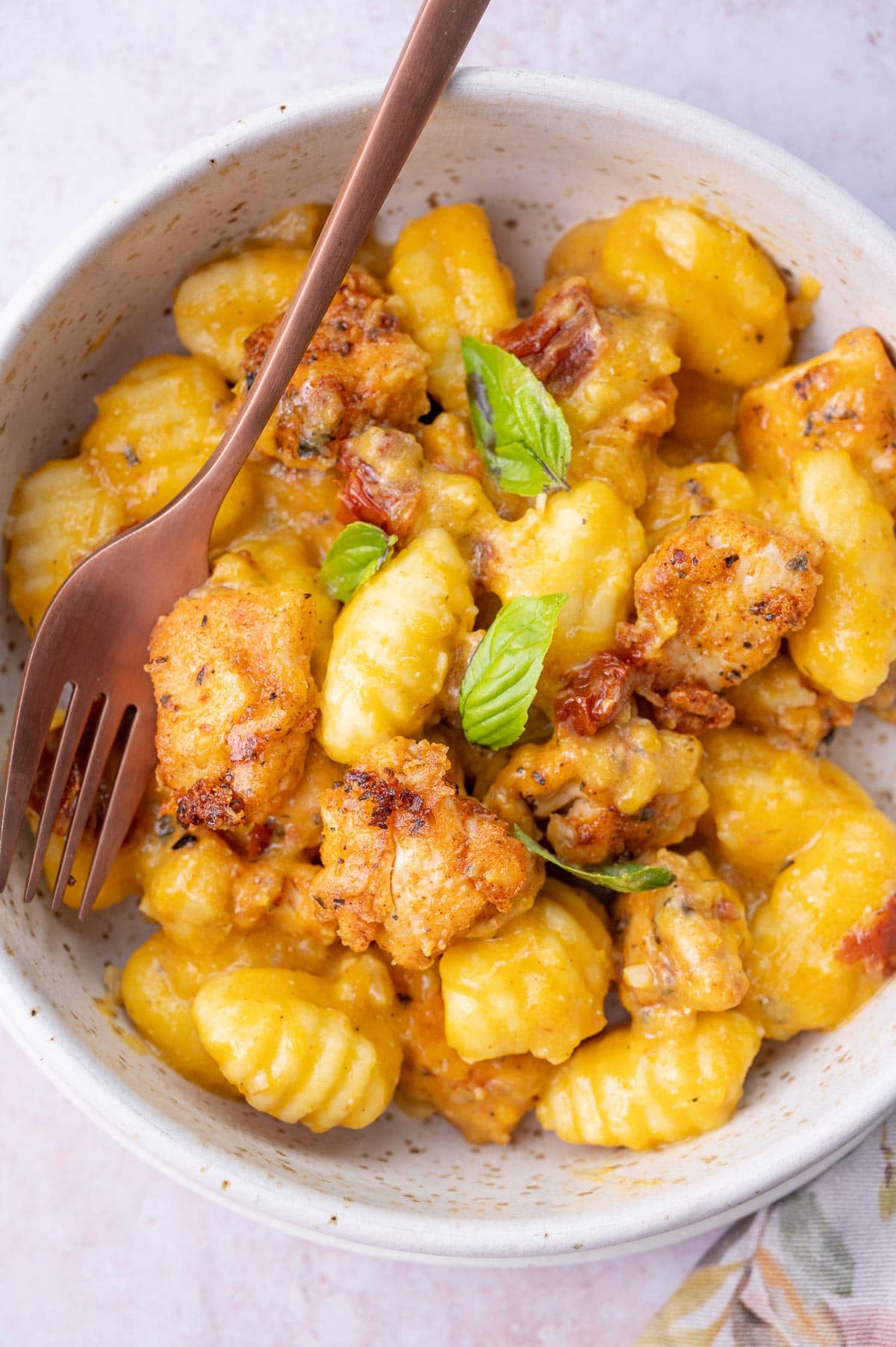 Chicken and Gnocchi in Creamy Butternut Squash Sauce in a white bowl.