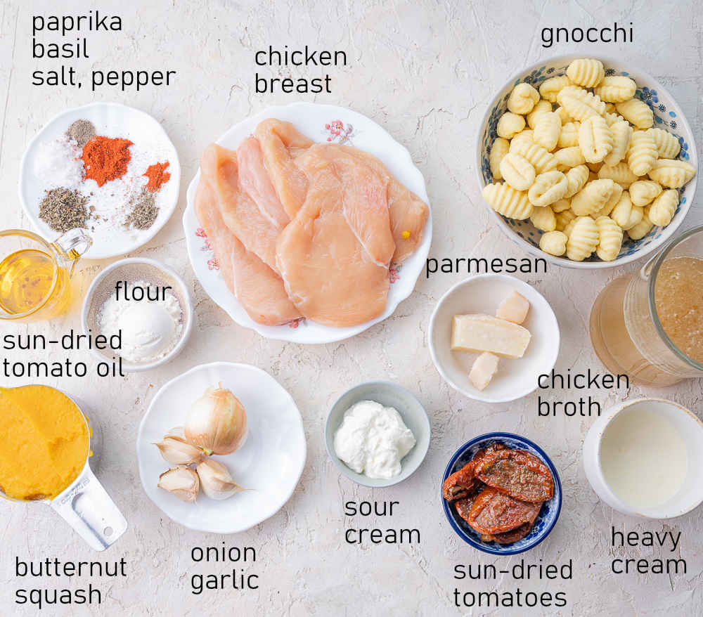 Labeled ingredients for Chicken and Gnocchi in Creamy Butternut Squash Sauce.