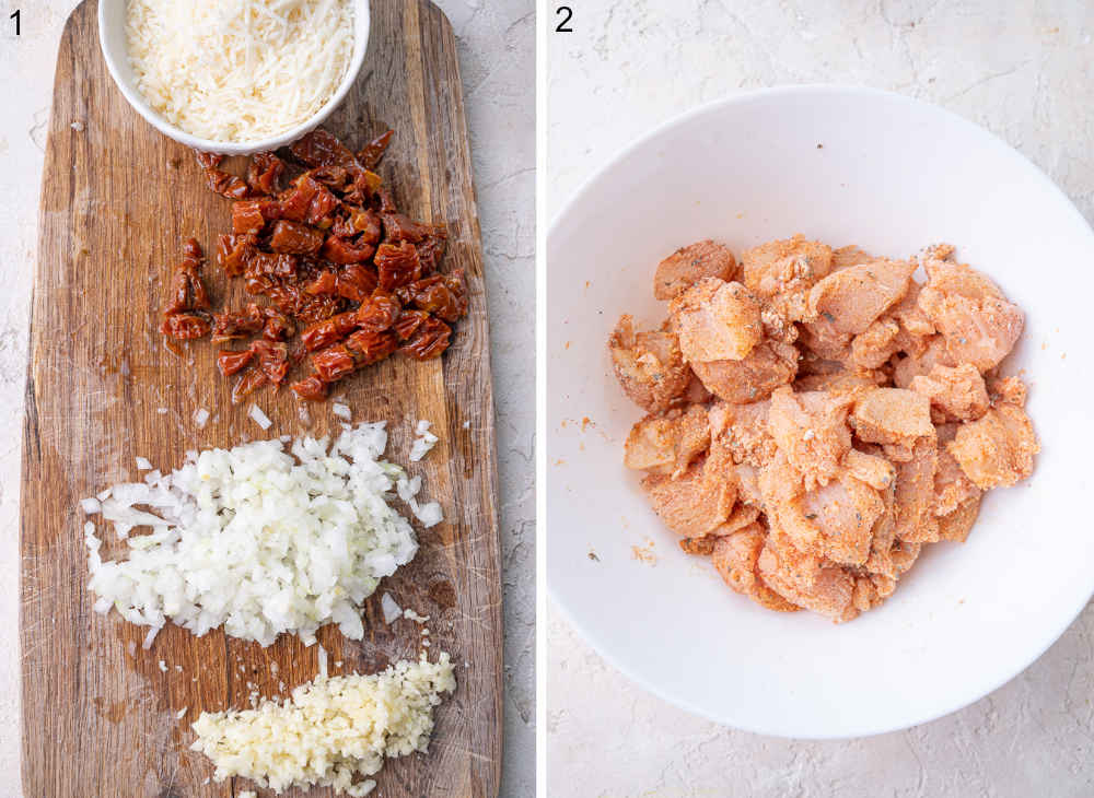 Chopped ingredients on a wooden board. Diced chicken with spices in a white bowl.